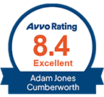 Avvo Rating badge with 8.4 Excellent awarded to Adam Jones Cumberworth law firm.
